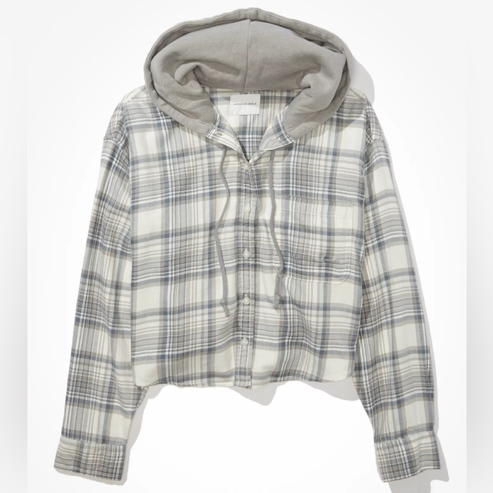 American Eagle Gray Plaid Hooded Shirt